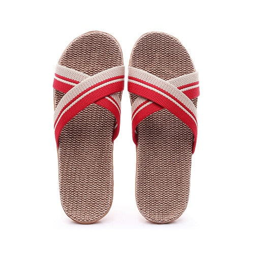 Casual linen slippers for women. Non-slip EVA flip flops of various styles.