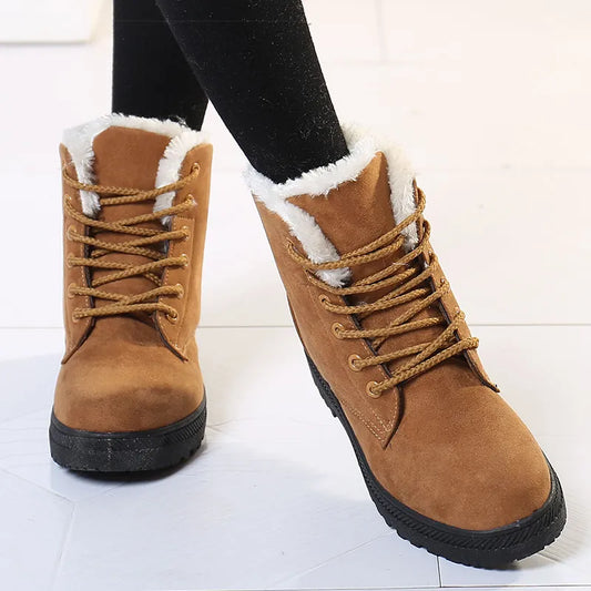 Low-heeled leather snow boots for women. Platform ankle boots, autumn, winter.