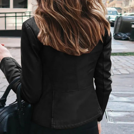 Faux leather jacket for women. Basic fitted jacket with zipper.