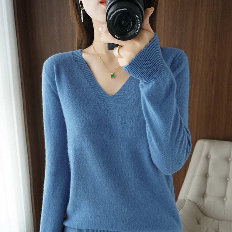 Suéter de punto para mujer, jersey básico con cuello en V, camisa ajustada de punto suave y liso..