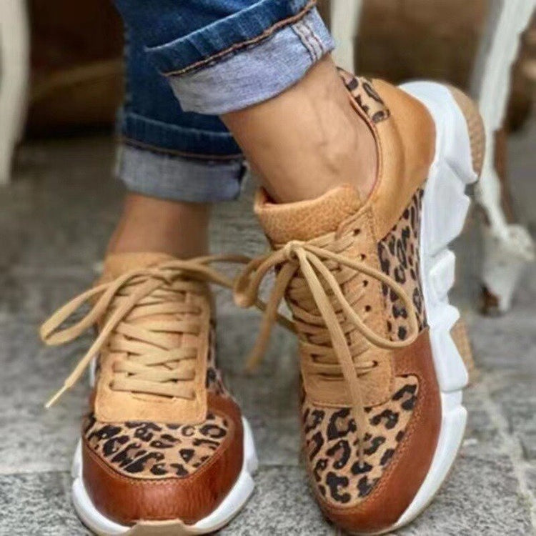 Zapatos tobilleros de leopardo para mujer, zapatillas de plataforma con cordones, informales, a la moda..