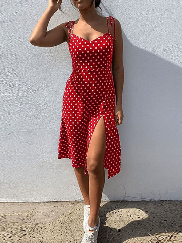 Women's Sleeveless V-Neck Pleated Elastic Waist Polka Dot Beach Summer Dress